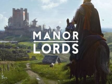 Manor Lords gameplay screenshot showing a medieval village with realistic architecture and landscapes