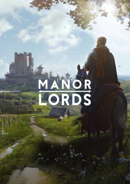 Manor Lords gameplay screenshot showing a medieval village with realistic architecture and landscapes