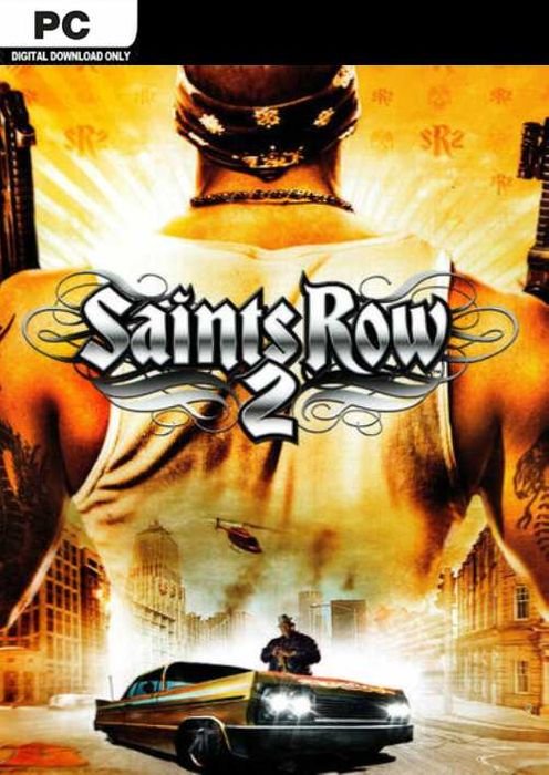 Screenshot from Saints Row 2 showing a character leading the 3rd Street Saints in a chaotic street battle in Stilwater